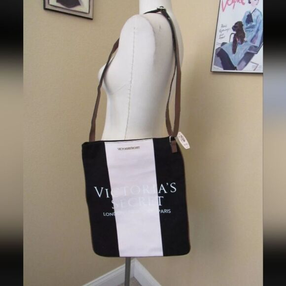 VICTORIAS SECRET Pink Black tan Shoulder Cross Strap Tote Bag NWT $78 Women New - Picture 2 of 16